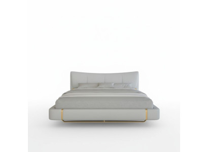 Cama gris lujosa con acentos dorados, diseño moderno y cabecera cómoda