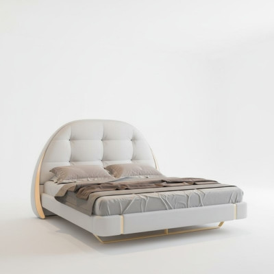 Cama gris lujosa con acentos dorados diseño moderno cabecera redonda