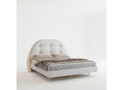 Cama gris lujosa con acentos dorados diseño moderno cabecera redonda