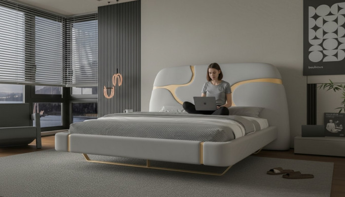 Cama de lujo con acentos dorados Diseño moderno Cabecera tapizada Dormitorio
