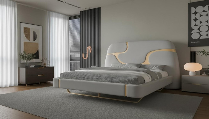 Cama de lujo con acentos dorados Diseño moderno Cabecera tapizada Dormitorio