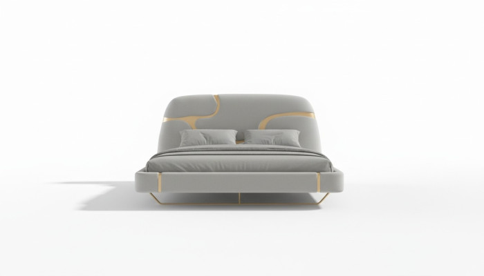 Cama de lujo con acentos dorados Diseño moderno Cabecera tapizada Dormitorio