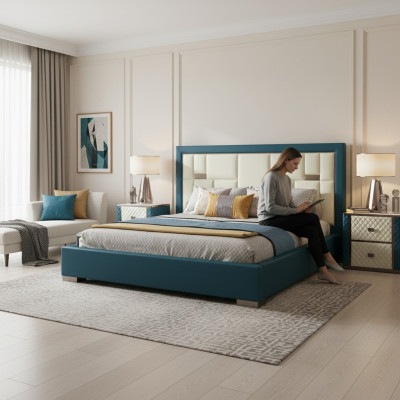 Cama azul lujosa con cabecera acolchada moderna y colores claros