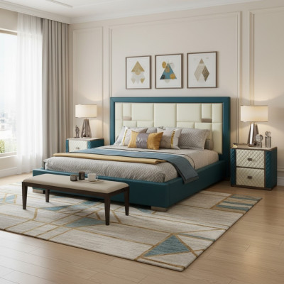 Cama azul lujosa con cabecera acolchada moderna y colores claros