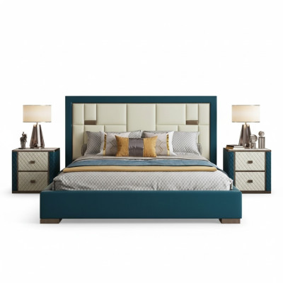 Cama azul lujosa con cabecera acolchada moderna y colores claros