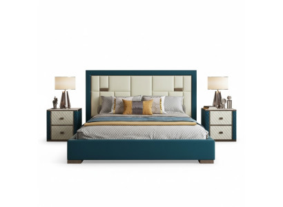 Cama azul lujosa con cabecera acolchada moderna y colores claros