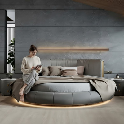 Cama redonda gris-beige exclusiva con diseño moderno para el dormitorio
