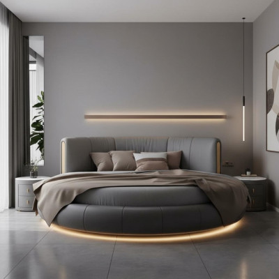 Cama redonda gris-beige exclusiva con diseño moderno para el dormitorio