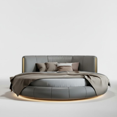 Cama redonda gris-beige exclusiva con diseño moderno para el dormitorio