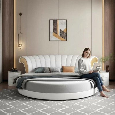 Cama redonda beige con diseño moderno para el dormitorio