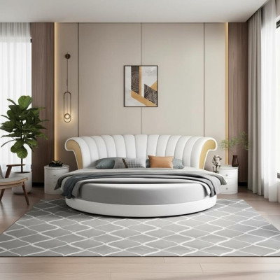 Cama redonda beige con diseño moderno para el dormitorio