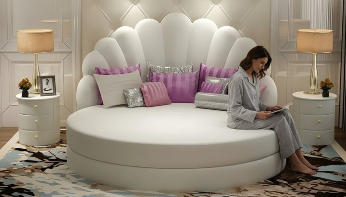 Diseño de cama redonda elegante en blanco con tapizado en púrpura-plata para habitación moderna