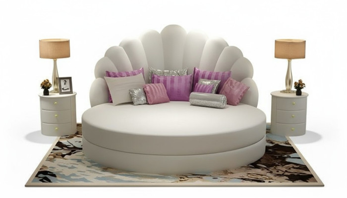 Diseño de cama redonda elegante en blanco con tapizado en púrpura-plata para habitación moderna