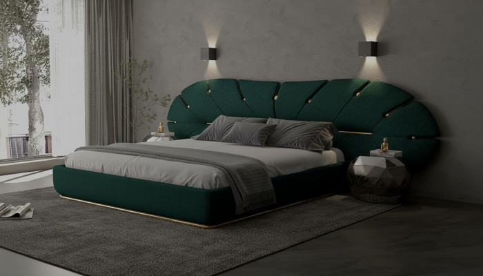 Cama verde lujosa con acentos dorados en forma de abanico para habitación moderna