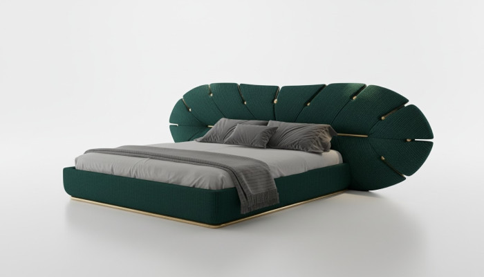 Cama verde lujosa con acentos dorados en forma de abanico para habitación moderna