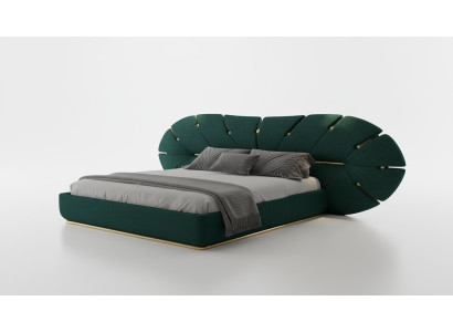 Cama verde lujosa con acentos dorados en forma de abanico para habitación moderna