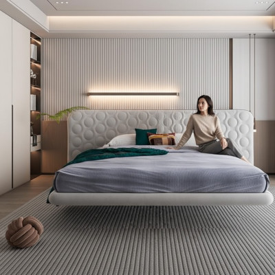 Cama tapizada blanca moderna con diseño redondo minimalista