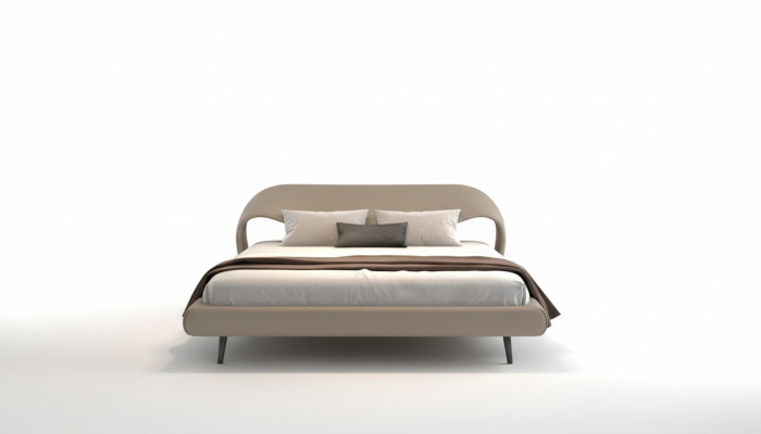 Cama gris elegante con diseño minimalista y redondeado