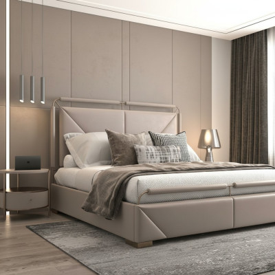 Cama de lujo con diseño moderno en beige con acentos dorados y un elegante cabecero