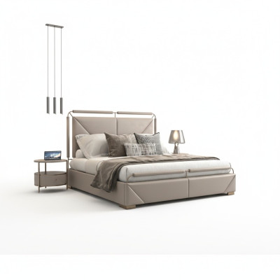 Cama de lujo con diseño moderno en beige con acentos dorados y un elegante cabecero