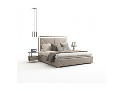 Cama de lujo con diseño moderno en beige con acentos dorados y un elegante cabecero