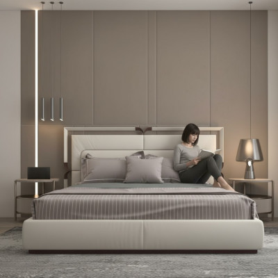 Cama de lujo moderna en beige con acentos marrones y un elegante cabecero