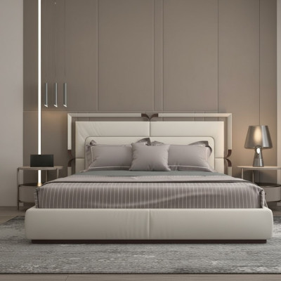 Cama de lujo moderna en beige con acentos marrones y un elegante cabecero