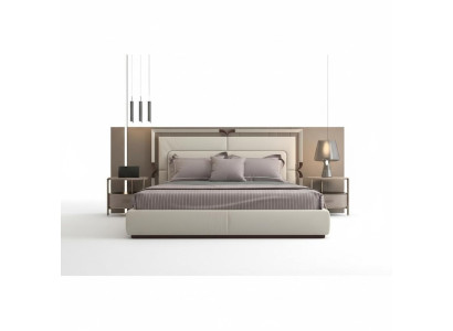 Cama de lujo moderna en beige con acentos marrones y un elegante cabecero