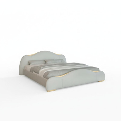 Moderna cama gris con acentos dorados y un elegante cabecero
