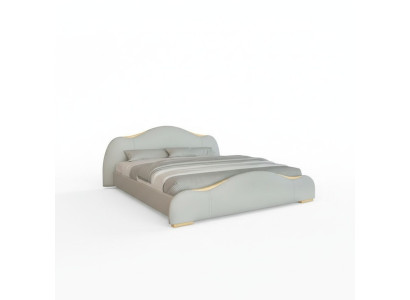 Moderna cama gris con acentos dorados y un elegante cabecero