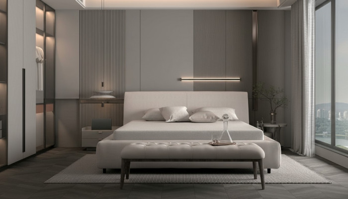 Cama tapizada elegante en beige
