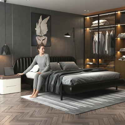 Cama tapizada moderna negra con diseño elegante y comodidad para dormir