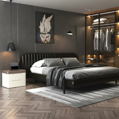 Cama tapizada moderna negra con diseño elegante y comodidad para dormir