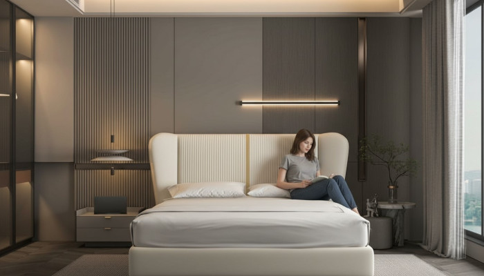 Cama de tela beige de lujo moderna