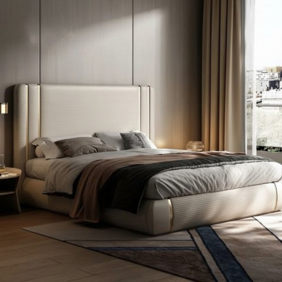 Cama tapizada beige con diseño moderno y lujoso