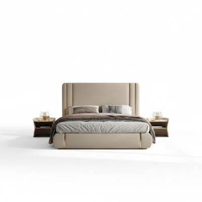 Cama tapizada beige con diseño moderno y lujoso