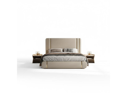 Cama tapizada beige con diseño moderno y lujoso