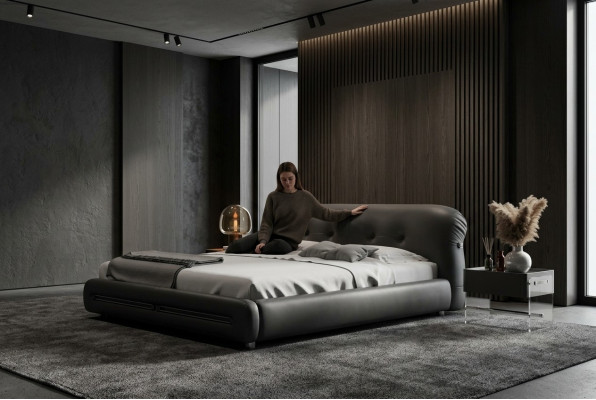 Cama moderna de diseño lujoso y cómodo tapizada