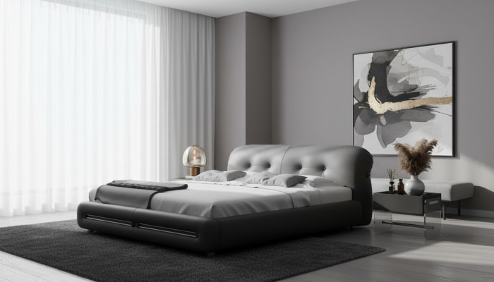 Cama moderna de diseño lujoso y cómodo tapizada