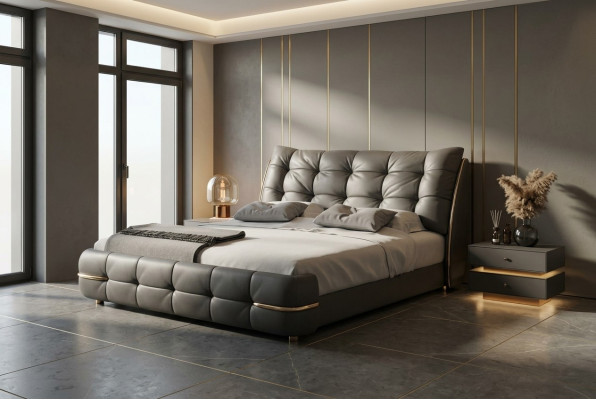 Cama tapizada moderna negra con diseño elegante