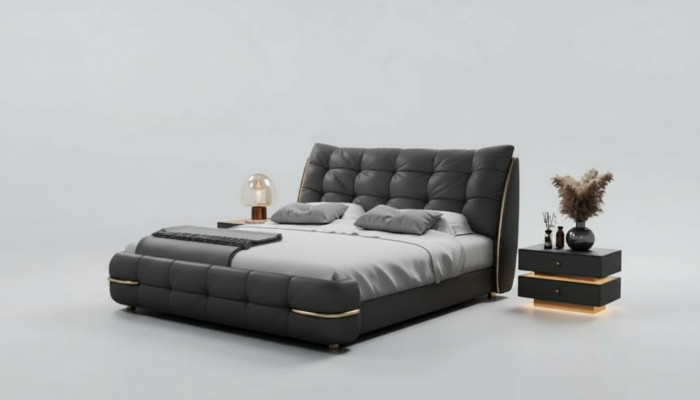 Cama tapizada moderna negra con diseño elegante