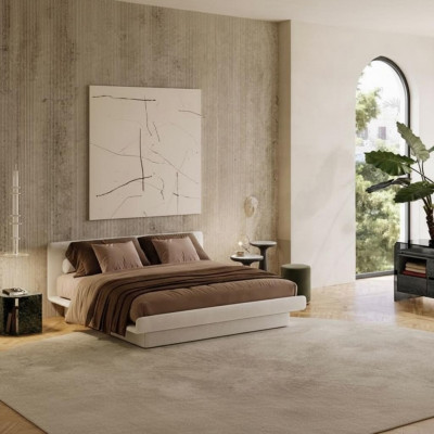 Cama tapizada beige moderna, lujosa y elegante