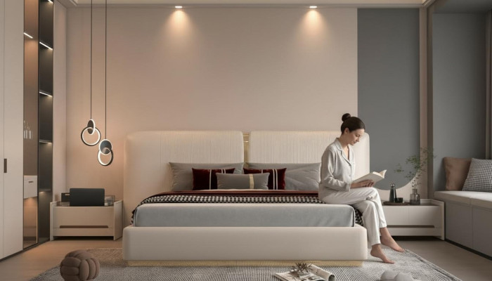 Cama tapizada elegante en diseño beige