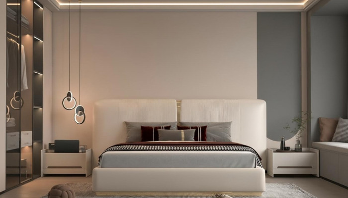 Cama tapizada elegante en diseño beige