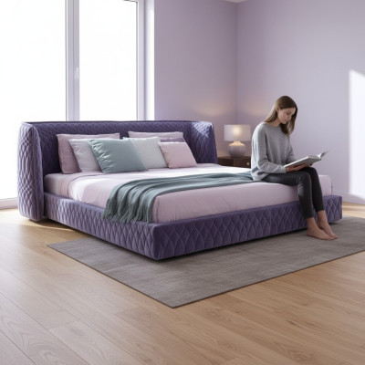 Moderna cama tapizada en lujoso terciopelo azul con un elegante cabecero