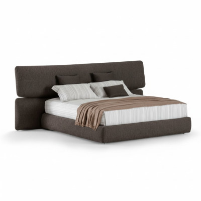 Cama tapizada moderna en material negro lujoso con cabecero alto