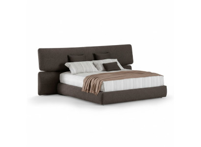 Cama tapizada moderna en material negro lujoso con cabecero alto
