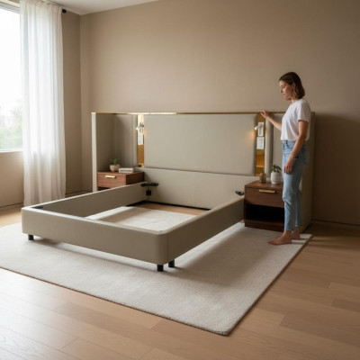 Cama de diseño lujoso en beige con iluminación LED, marco dorado y cabecero moderno