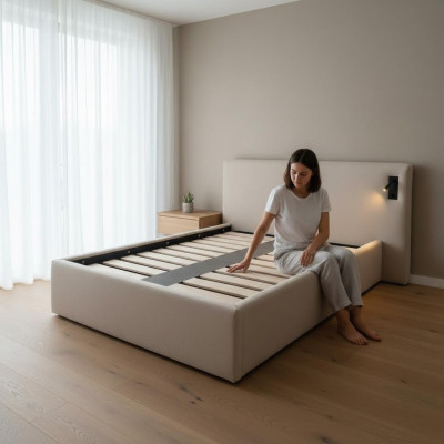 Cama tapizada beige en estilo hotel moderno con iluminación LED y cabecera lujosa