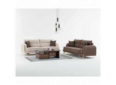 Sofagarnitur 3+3 Sitzer Creme Braun Stoffbezug Goldfüße Modern Luxus Design